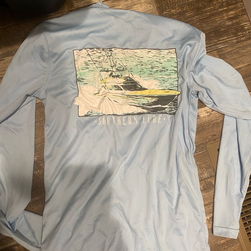 Southern Lure Light Blue Long Sleeve Tee with Boat Graphic